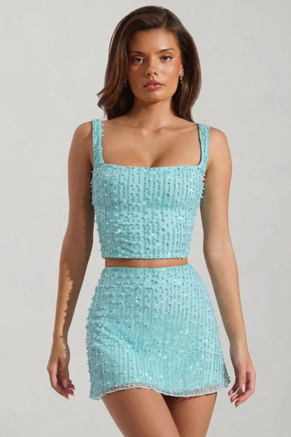 Embellished Square-Neck Crop Top in Aqua Blue