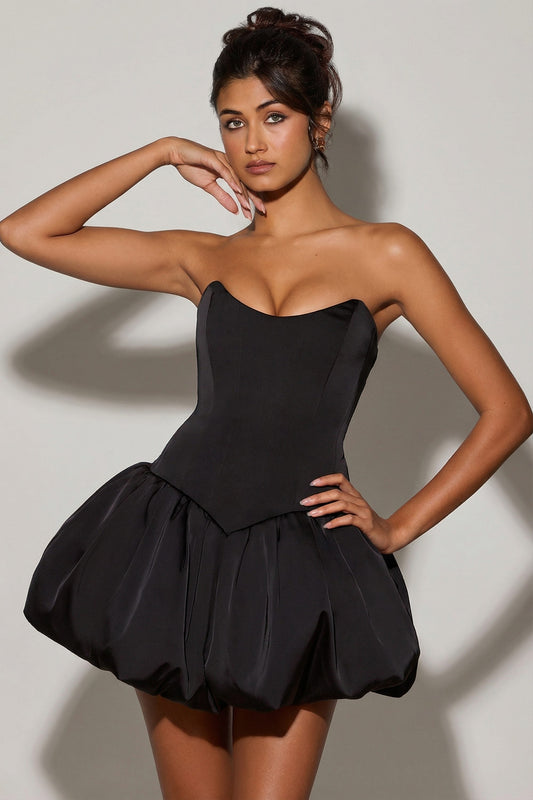 Lace-Up Bubble Hem Corset Micro Mini Dress in Black