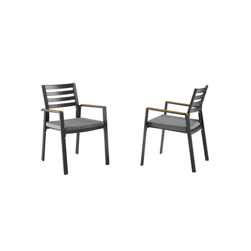 OPEN BOX I Slim Outdoor Aluminum Dining Armchair with Teak Armrests and Olefin Cushion Set of 2
