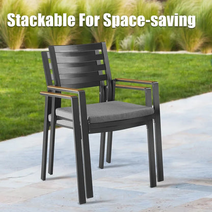 OPEN BOX I Slim Outdoor Aluminum Dining Armchair with Teak Armrests and Olefin Cushion Set of 2