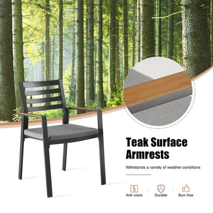 OPEN BOX I Slim Outdoor Aluminum Dining Armchair with Teak Armrests and Olefin Cushion Set of 2