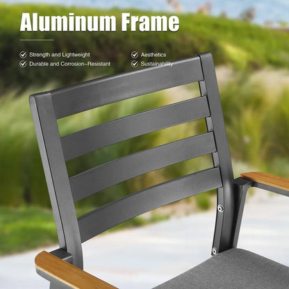 OPEN BOX I Slim Outdoor Aluminum Dining Armchair with Teak Armrests and Olefin Cushion Set of 2