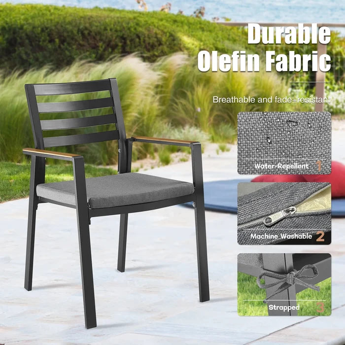 OPEN BOX I Slim Outdoor Aluminum Dining Armchair with Teak Armrests and Olefin Cushion Set of 2