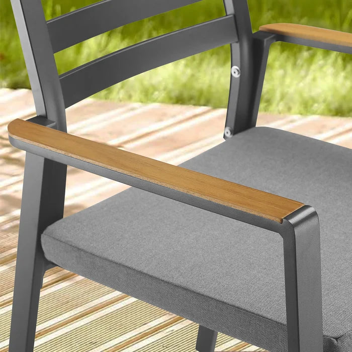 OPEN BOX I Slim Outdoor Aluminum Dining Armchair with Teak Armrests and Olefin Cushion Set of 2