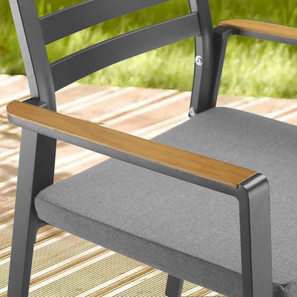 OPEN BOX I Slim Outdoor Aluminum Dining Armchair with Teak Armrests and Olefin Cushion Set of 2