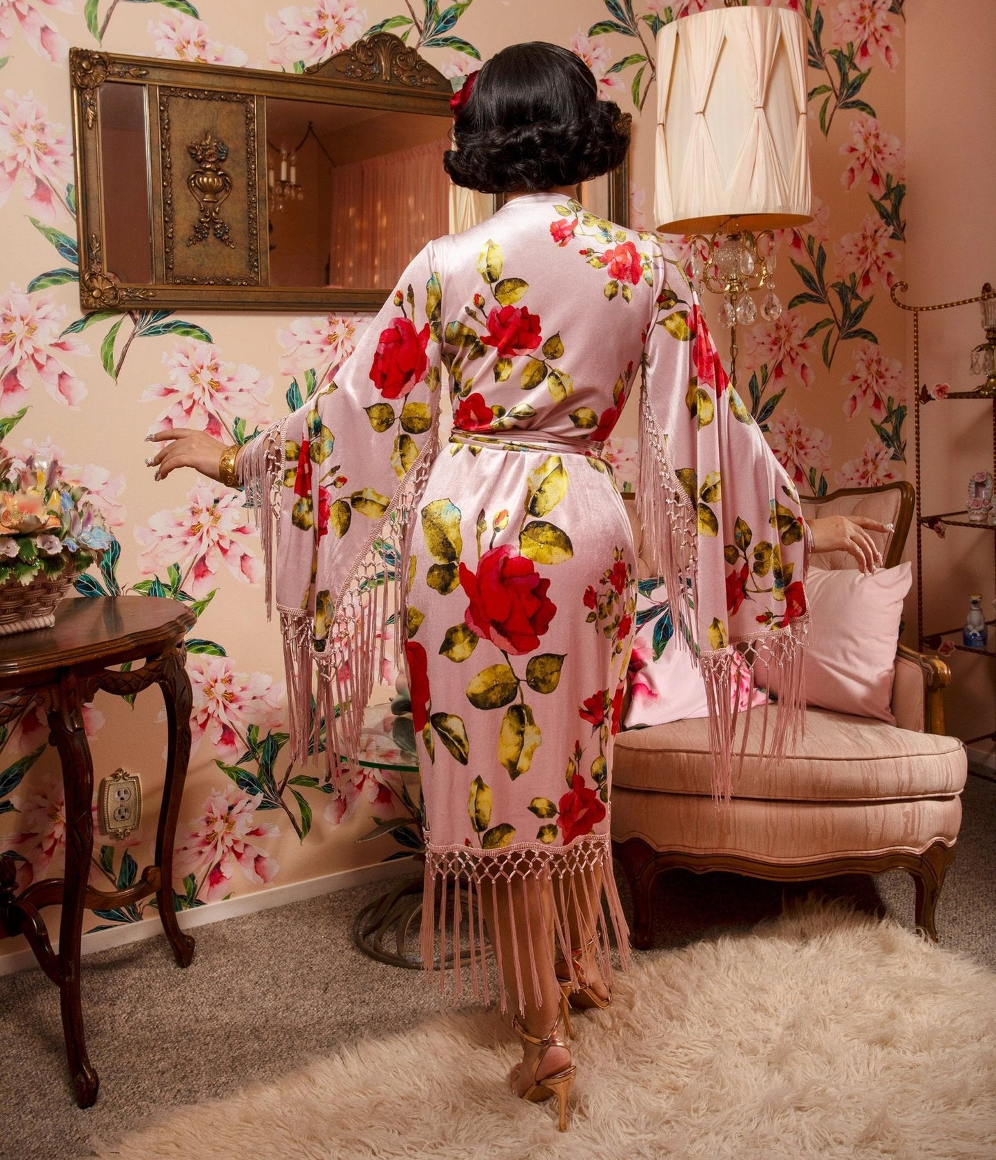 Pink Floral Fringed Magdalena Velvet Wrap Dress