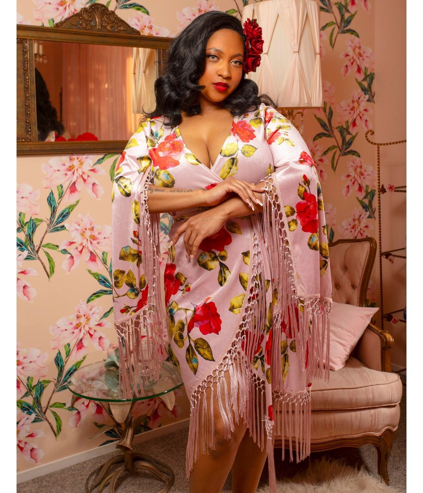 Pink Floral Fringed Magdalena Velvet Wrap Dress