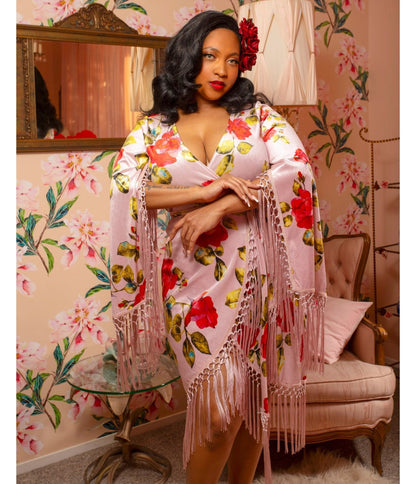 Pink Floral Fringed Magdalena Velvet Wrap Dress