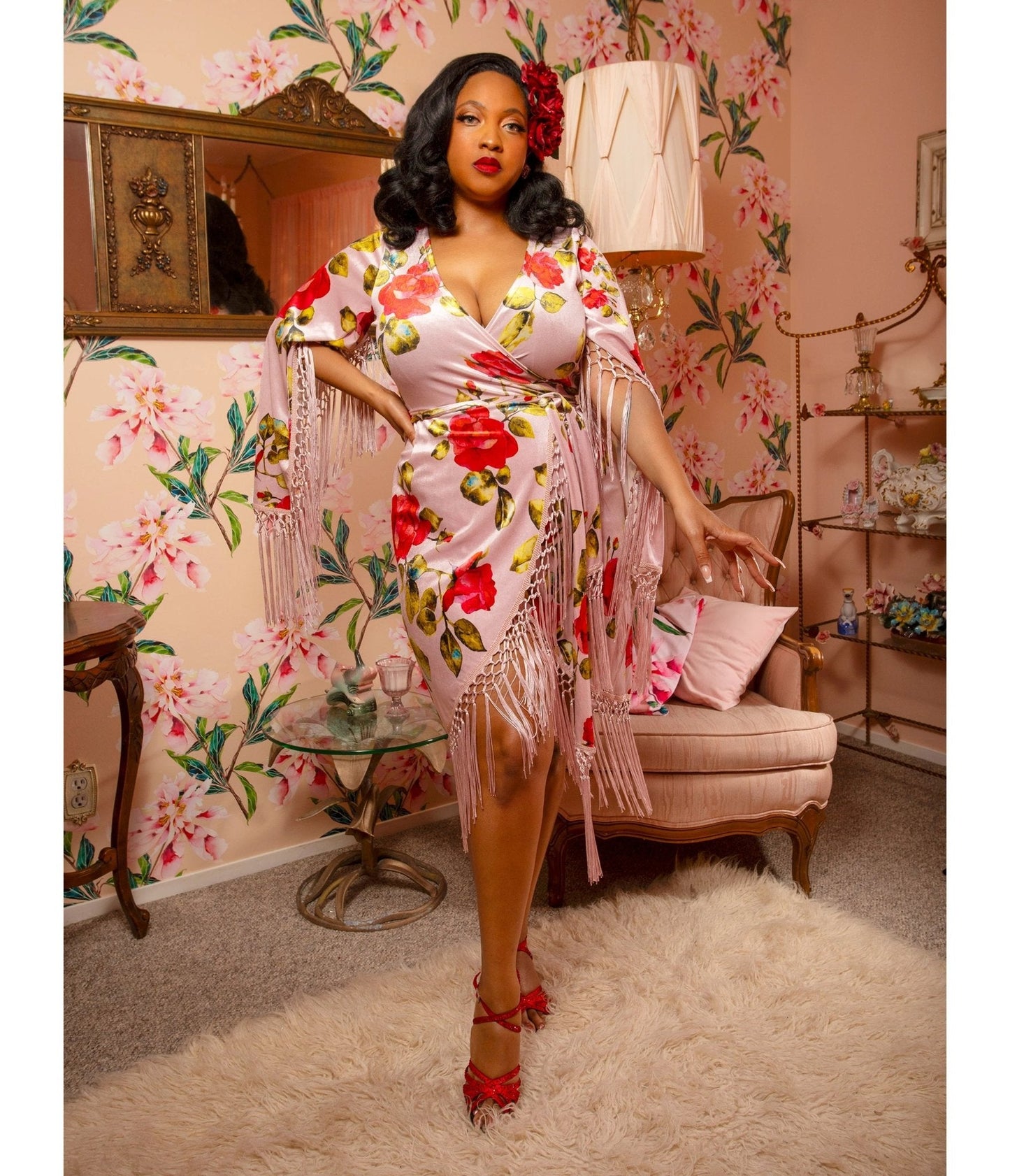 Pink Floral Fringed Magdalena Velvet Wrap Dress