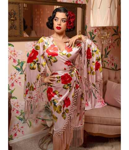 Pink Floral Fringed Magdalena Velvet Wrap Dress