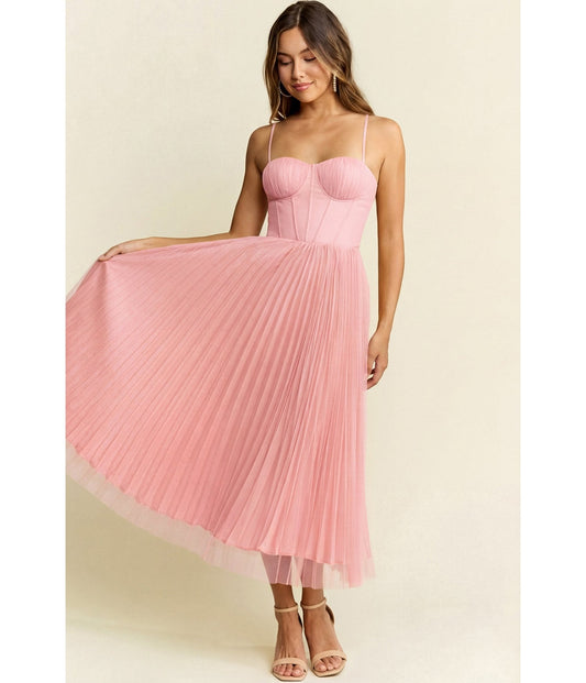 Pink Pleated Tulle Midi Dress