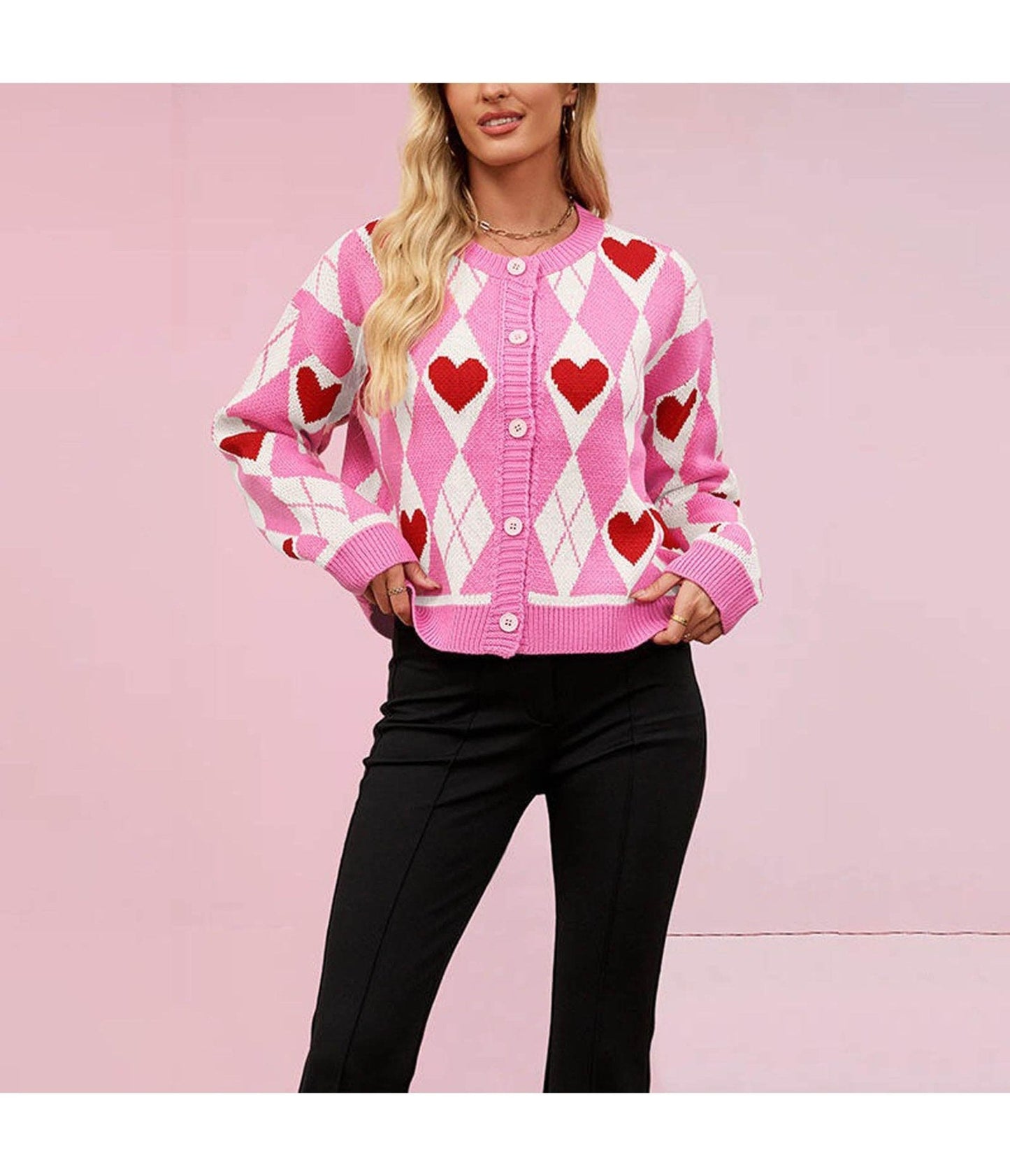 Pink & White Argyle Heart Cardigan