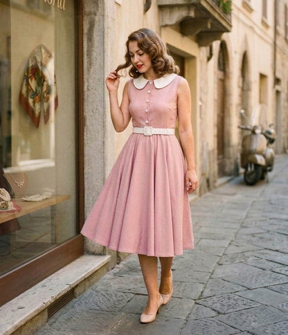 Pink & White Peter Pan Collared Swing Dress