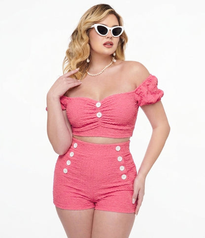Pinky Pinups Pink Textured Puff Sleeve Swim Top