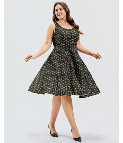 Plus Size Black Atomic Bees Print Heidi Dress