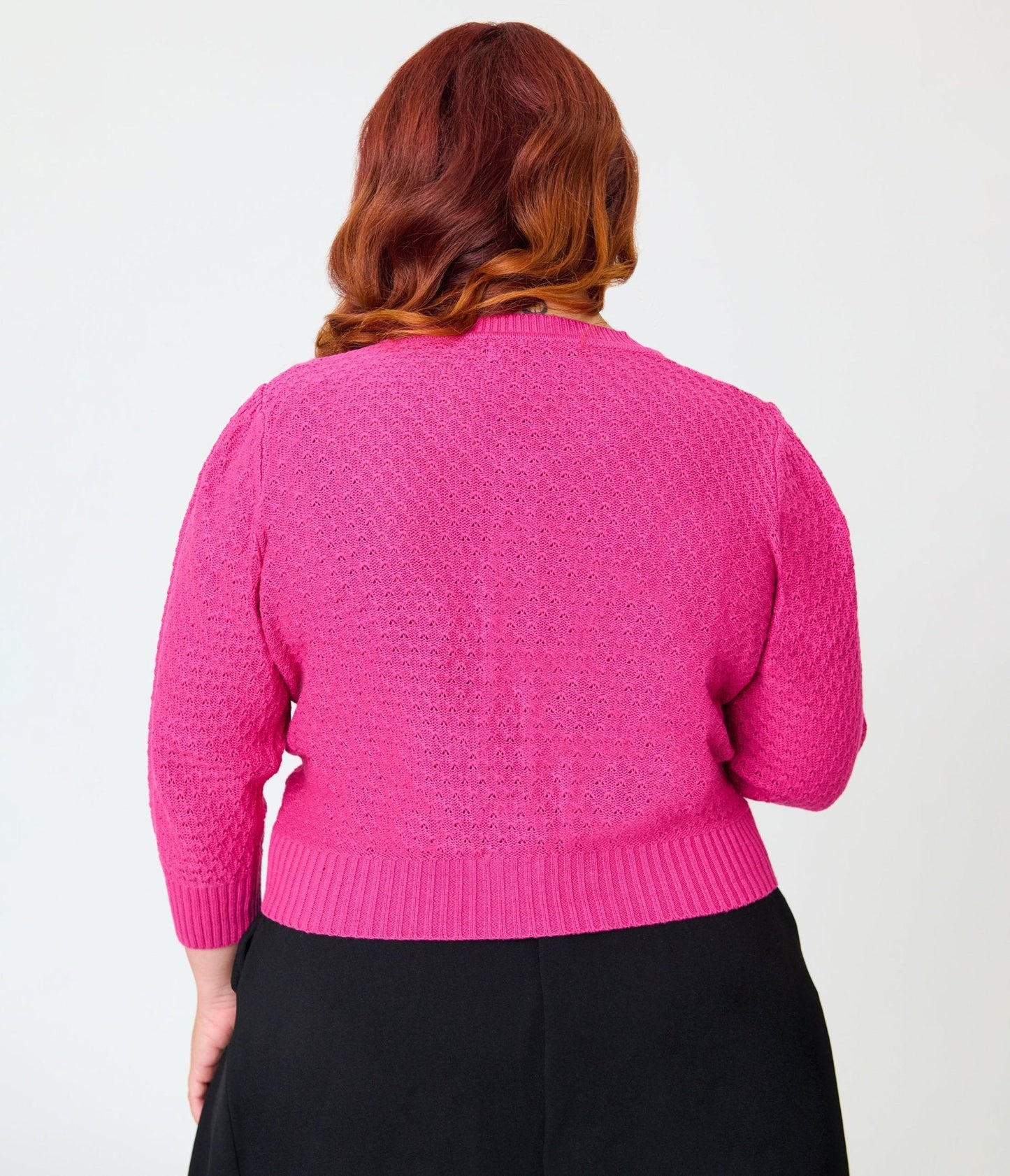 Plus Size Retro Style Magenta Crochet Cardigan