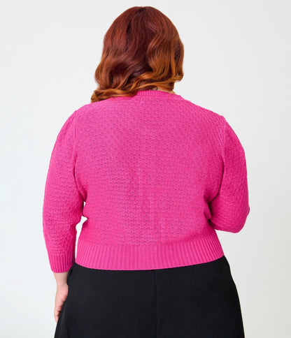 Plus Size Retro Style Magenta Crochet Cardigan