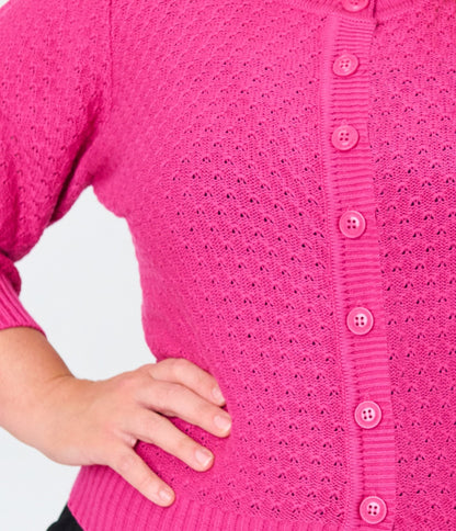 Plus Size Retro Style Magenta Crochet Cardigan