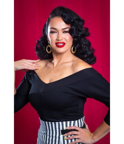 Black Midcentury V-Neck Top