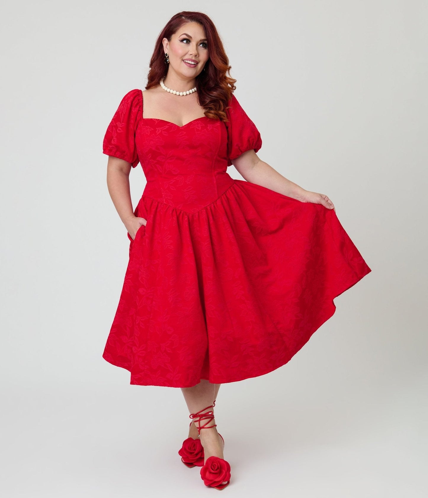 Smak Parlour Plus Size Red Brocade Sweetheart Swing Dress
