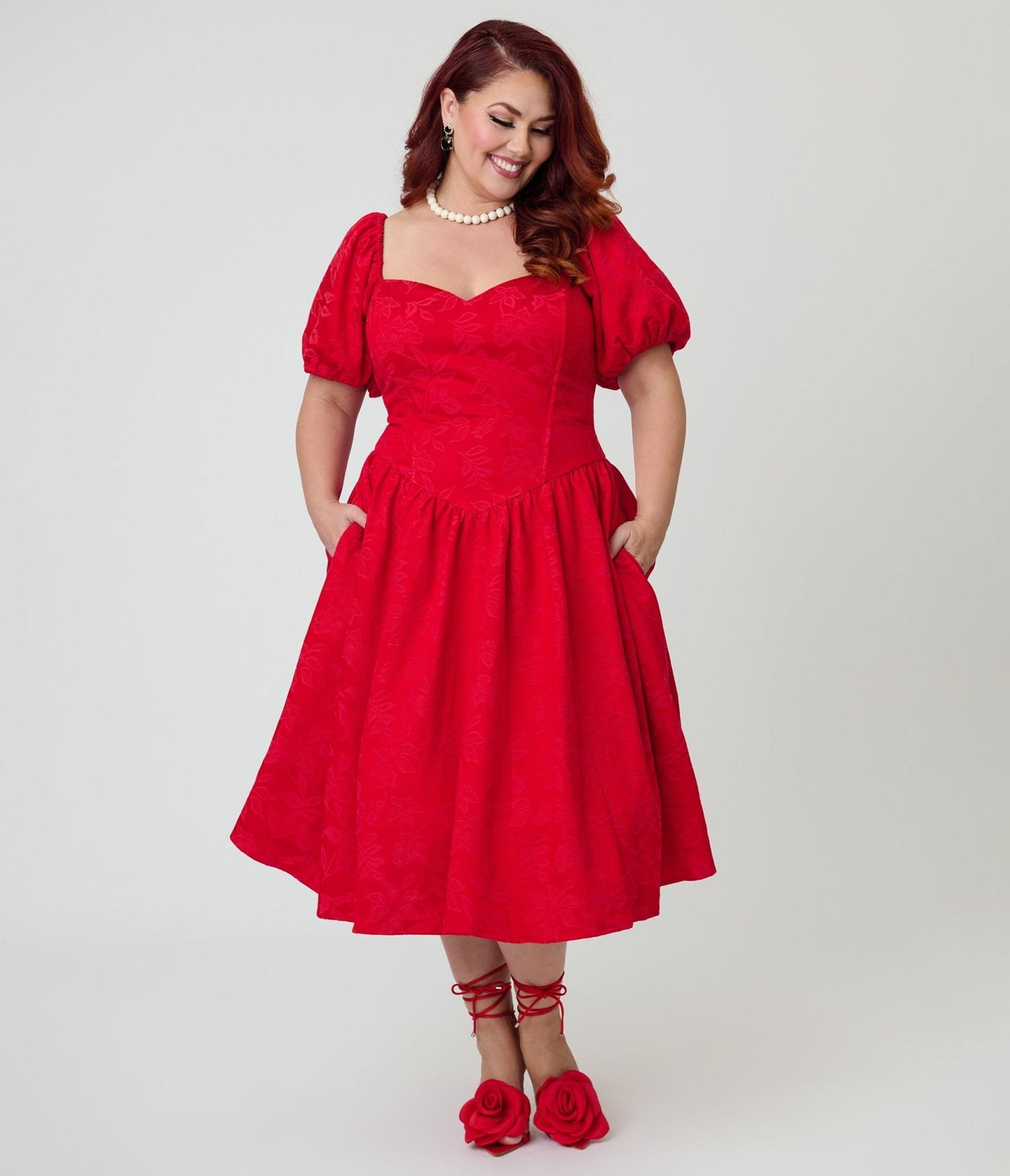 Smak Parlour Plus Size Red Brocade Sweetheart Swing Dress