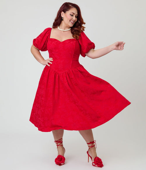 Smak Parlour Plus Size Red Brocade Sweetheart Swing Dress