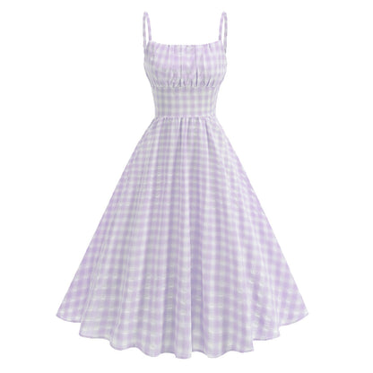 Purple Gingham Spaghetti Strap Swing Dress