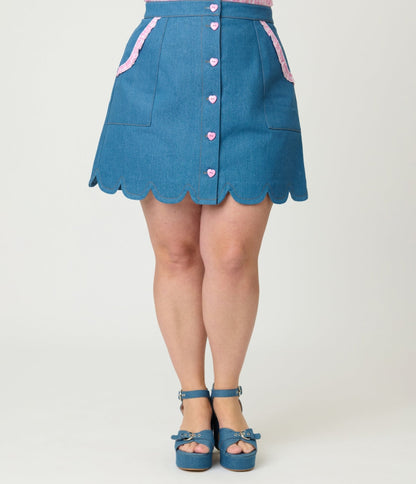Smak Parlour Plus Size Denim & Pink Gingham Campus Mini Skirt