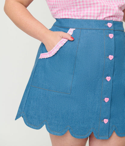 Smak Parlour Plus Size Denim & Pink Gingham Campus Mini Skirt
