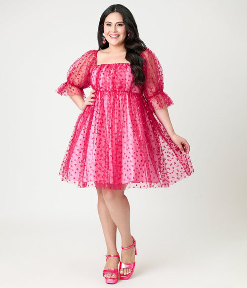 Smak Parlour Plus Size Hot Pink Glitter Hearts Love Interest Babydoll Dress