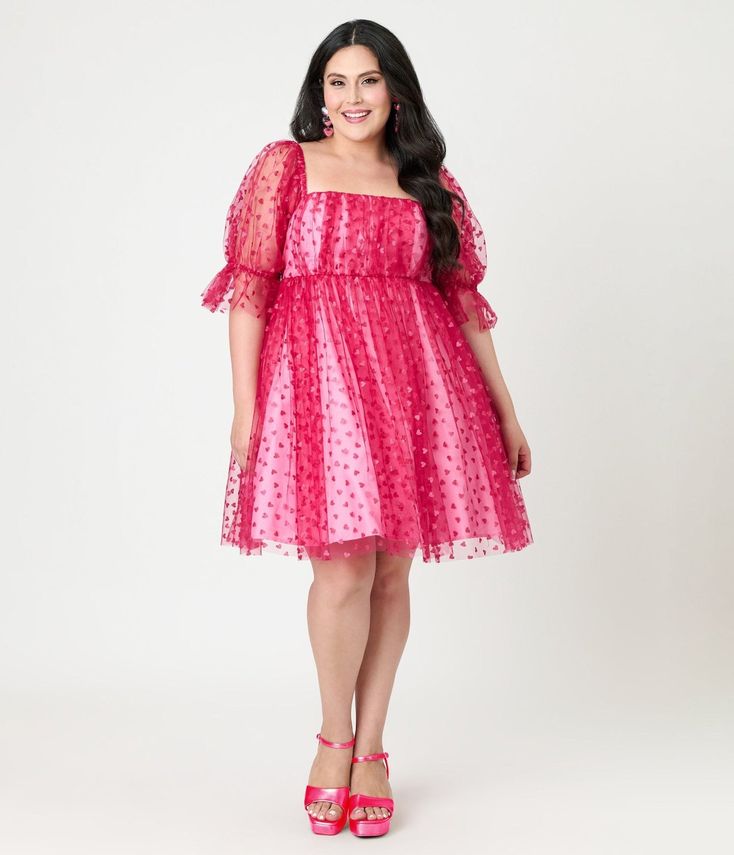 Smak Parlour Plus Size Hot Pink Glitter Hearts Love Interest Babydoll Dress