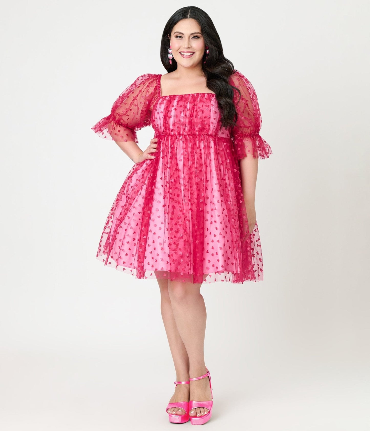 Smak Parlour Plus Size Hot Pink Glitter Hearts Love Interest Babydoll Dress