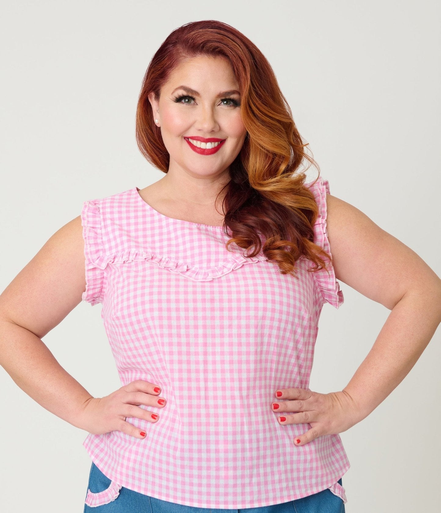 Smak Parlour Plus Size Pink Gingham Ruffle Cotton Blouse