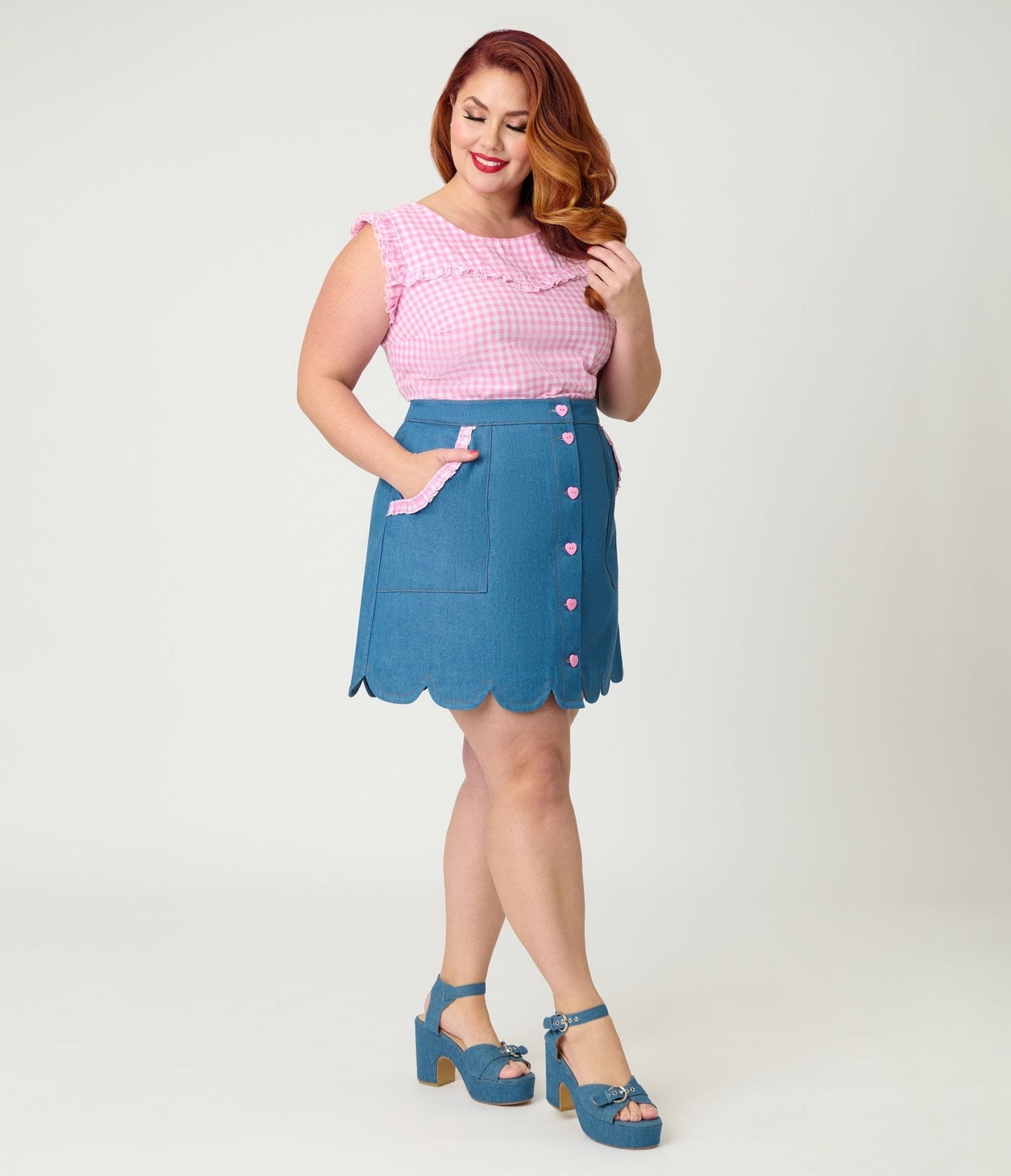Smak Parlour Plus Size Pink Gingham Ruffle Cotton Blouse