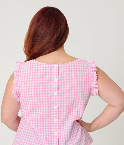 Smak Parlour Plus Size Pink Gingham Ruffle Cotton Blouse
