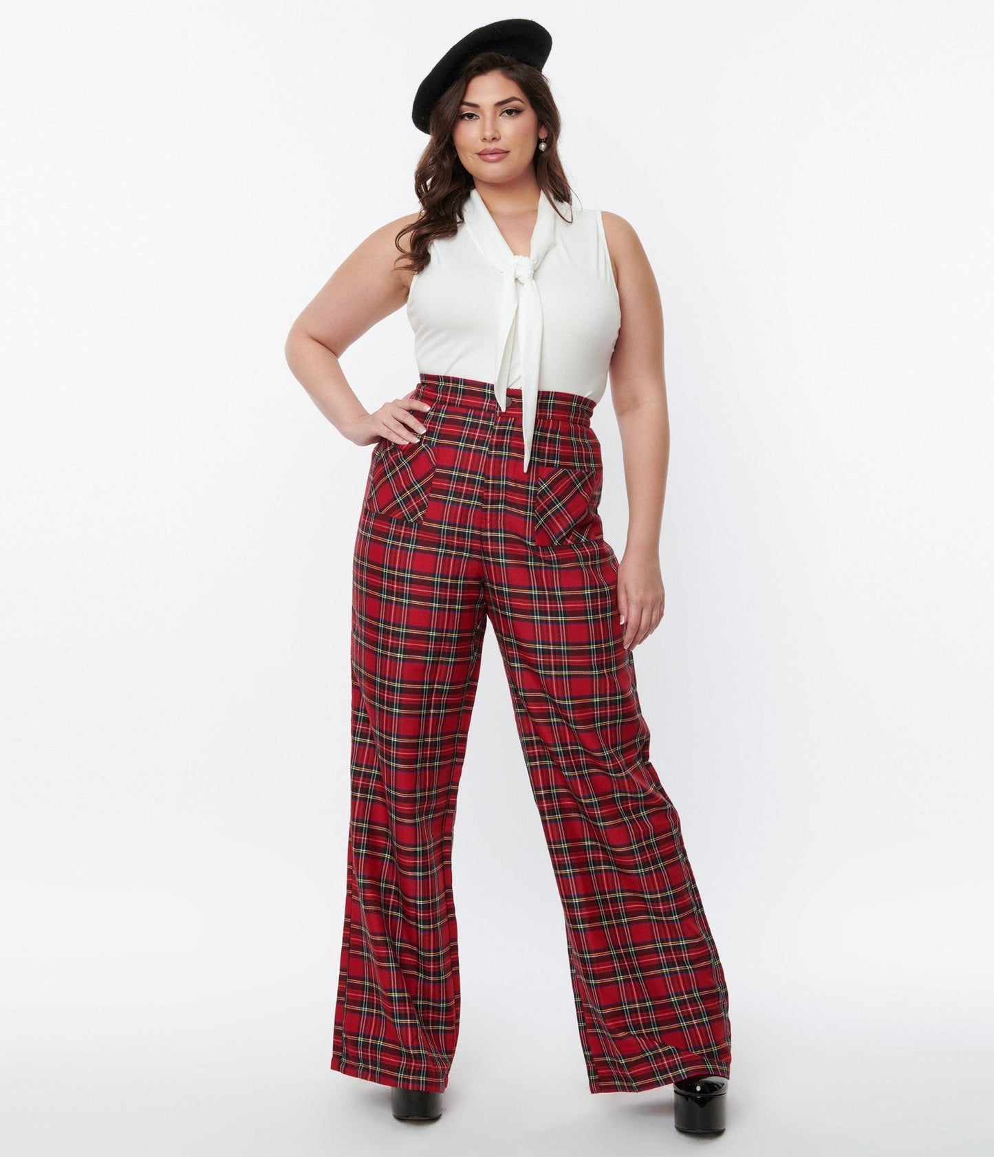 Smak Parlour Plus Size Red Plaid Wide Leg Trousers