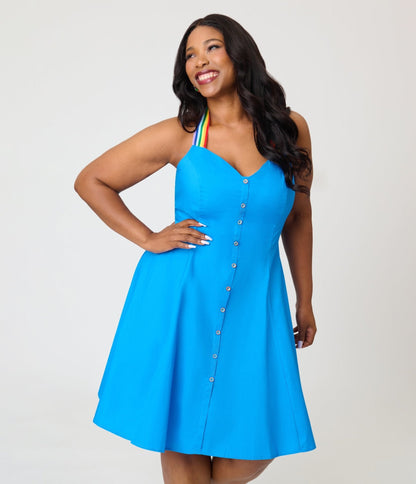 Smak Parlour Plus Size Royal Blue & Rainbow Sweetheart Halter Flare Dress