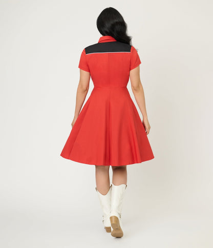 Smak Parlour Red Embroidered Cowboy Cat Western Flare Dress