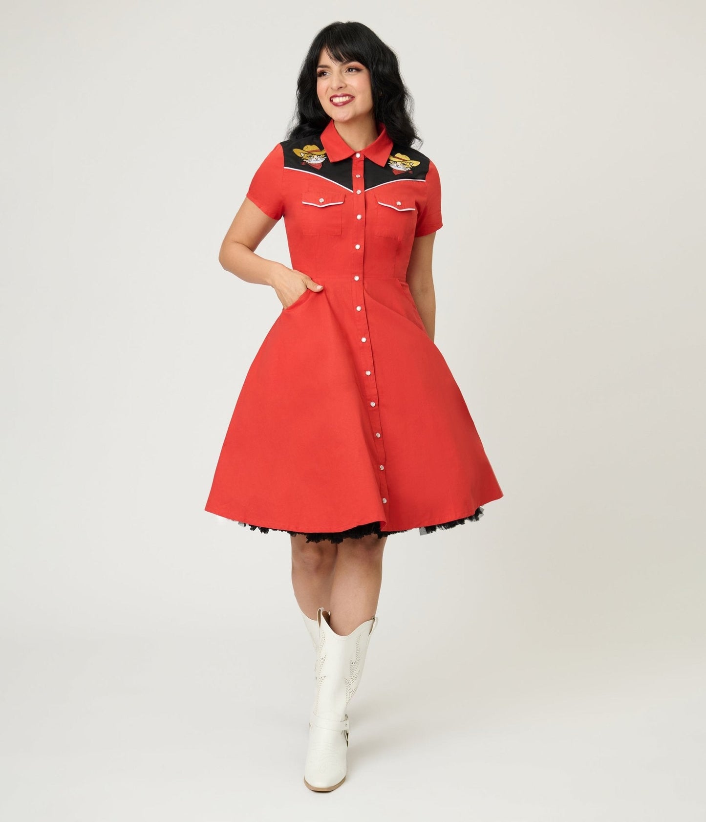 Smak Parlour Red Embroidered Cowboy Cat Western Flare Dress