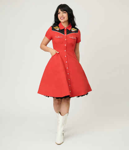 Smak Parlour Red Embroidered Cowboy Cat Western Flare Dress