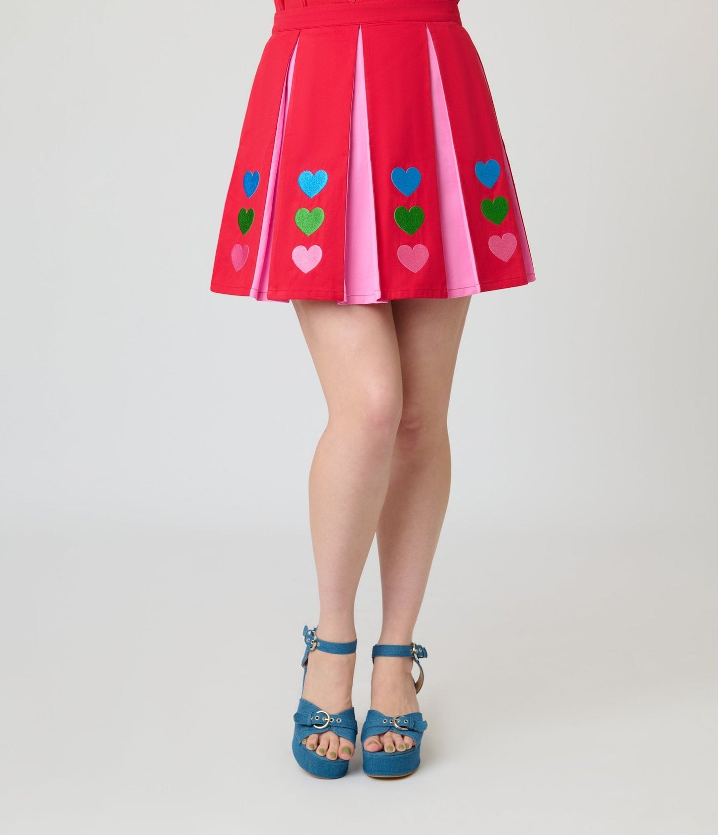 Smak Parlour Red & Pink Rainbow Heart Pleated Mini Skirt