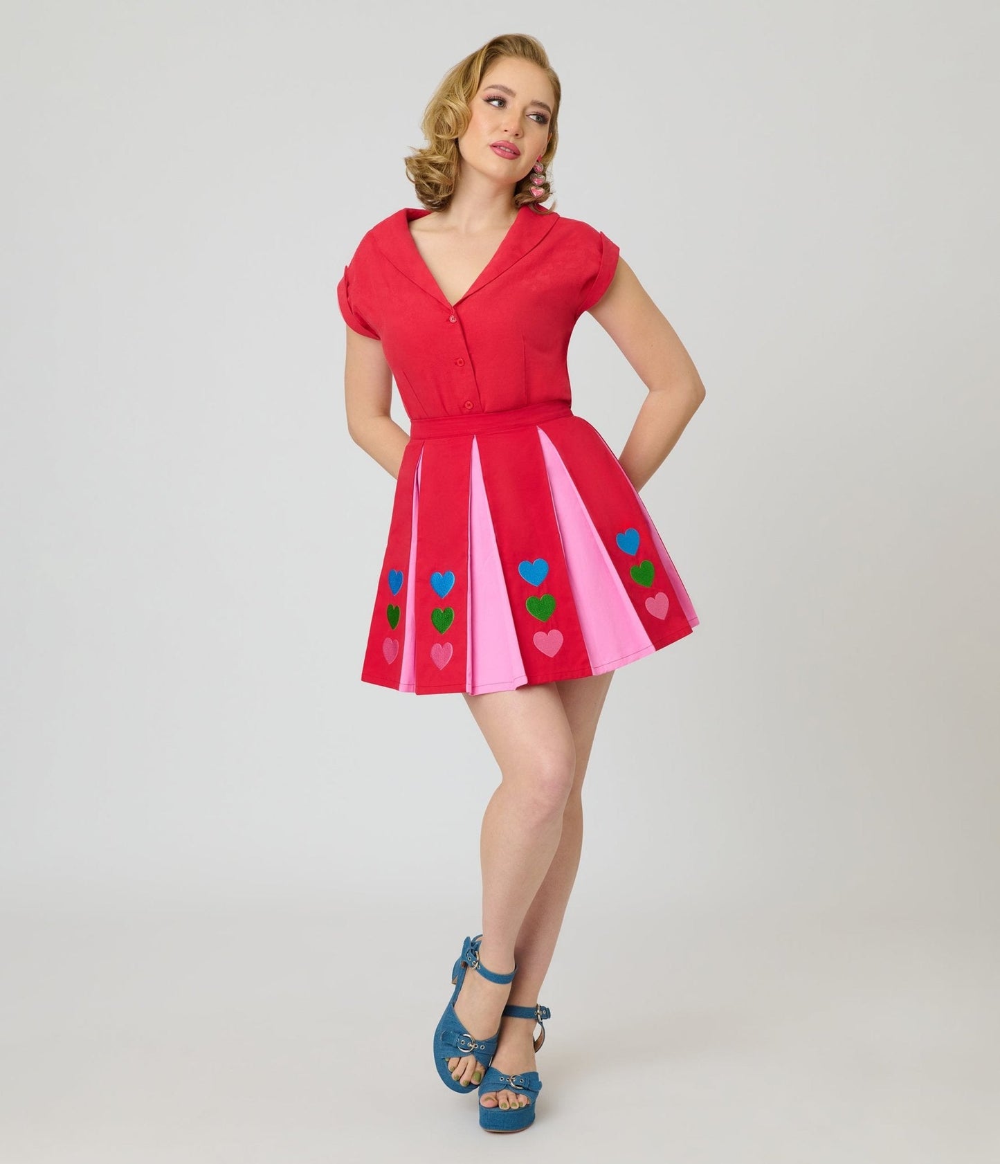 Smak Parlour Red & Pink Rainbow Heart Pleated Mini Skirt