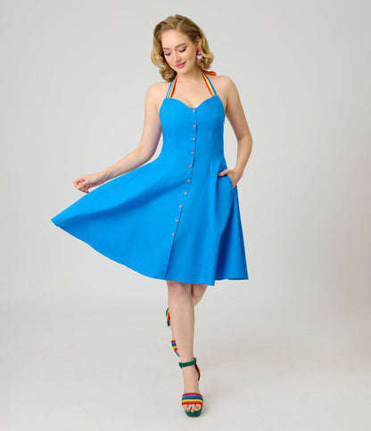 Smak Parlour Royal Blue & Rainbow Sweetheart Halter Flare Dress