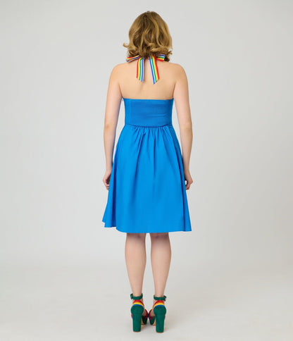 Smak Parlour Royal Blue & Rainbow Sweetheart Halter Flare Dress