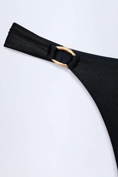 Hardware-Detail Thong Bikini Bottoms in Black