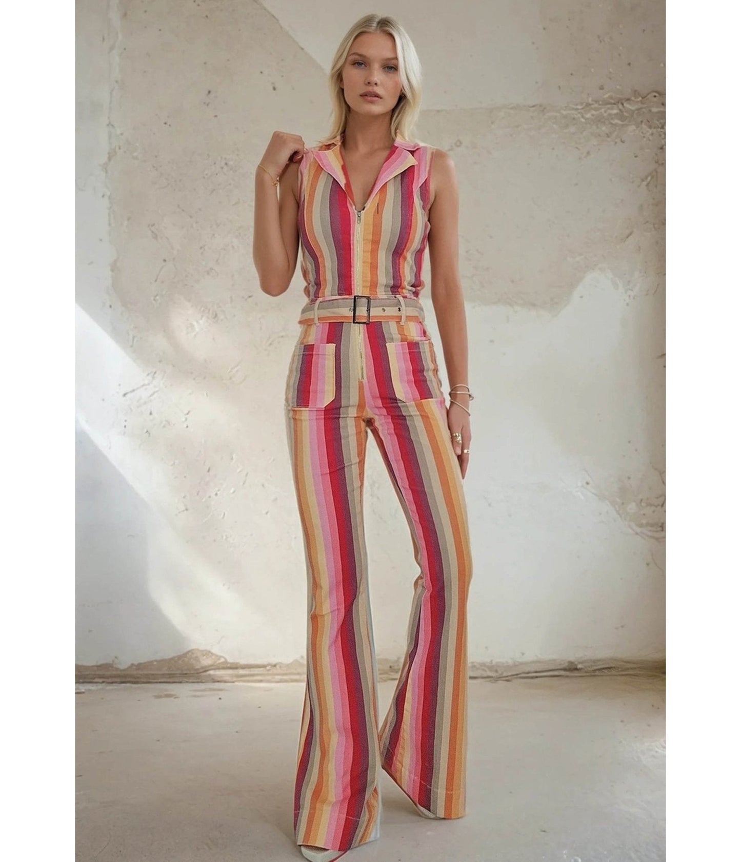 Striped Denim Belted Cotton Jumpsuit