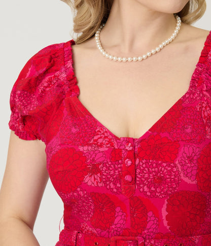 Unique Vintage 1960s Red & Pink Floral Ohara Swing Dress