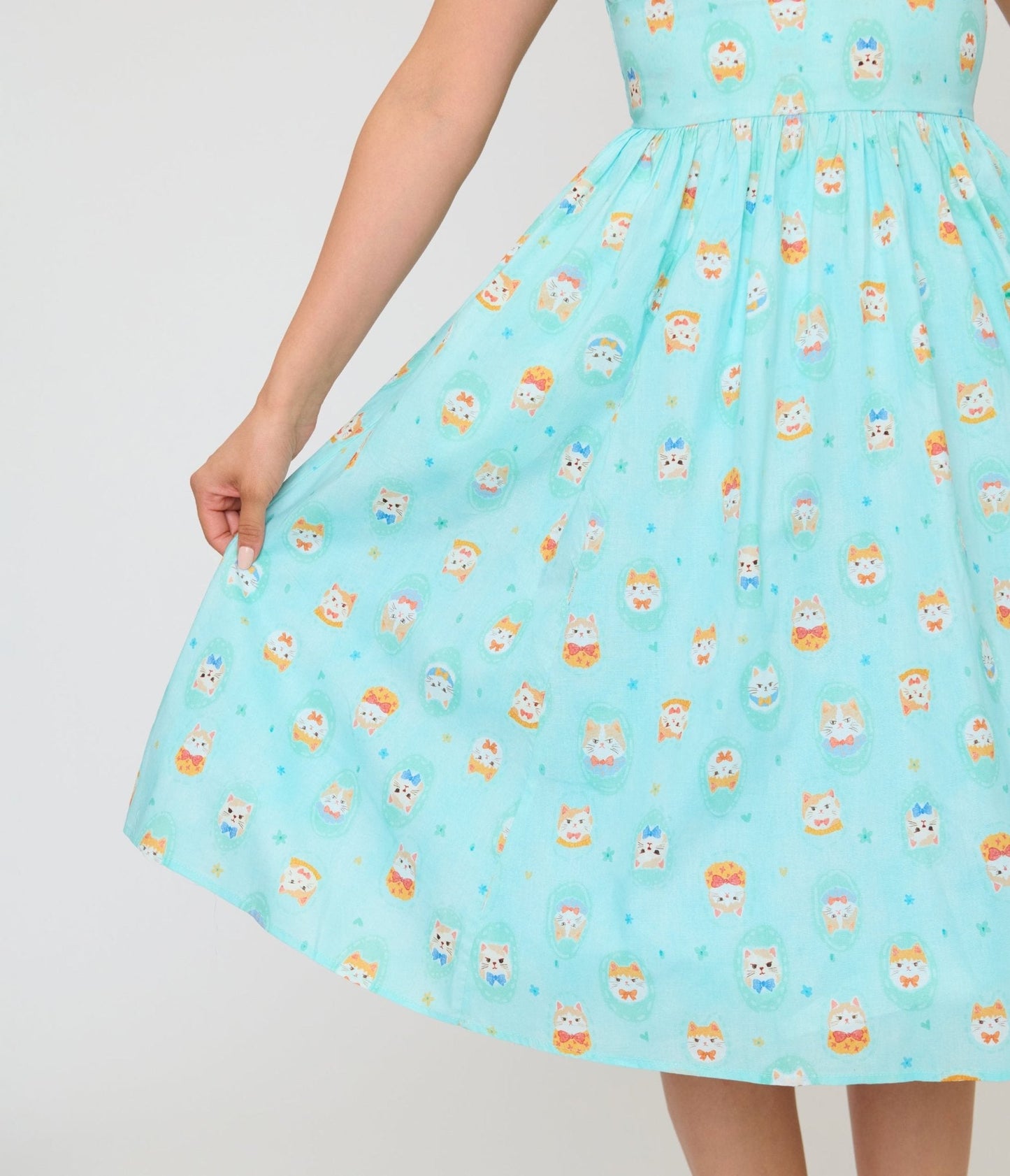 Unique Vintage Baby Blue Cat Print Swing Dress