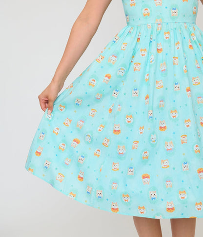 Unique Vintage Baby Blue Cat Print Swing Dress