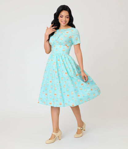 Unique Vintage Baby Blue Cat Print Swing Dress